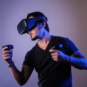 man wearing Oculus Rift virtual reality headset